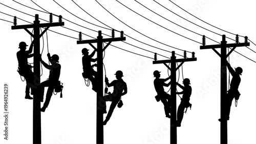 Stark black silhouettes show several utility workers climbing wooden poles to maintain electrical power lines. 