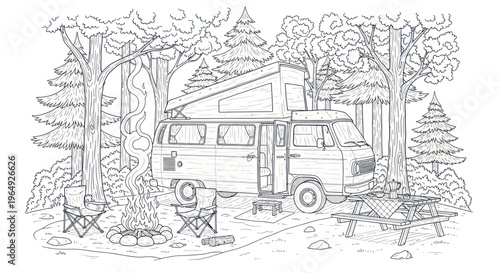 Camping Van Scene with Campfire and Picnic Table in Forest - Coloring Page