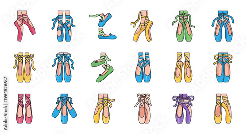 Collection of Colorful Ballet Pointe Shoes Isolated on White Background