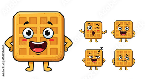 Cute Waffle Character Set with Various Emotions and Expressions