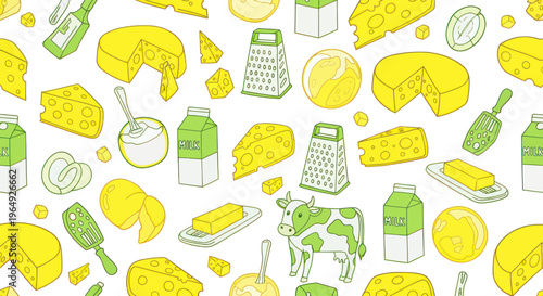 Dairy Products Pattern: Cheese, Milk, Butter, Cow, Grater