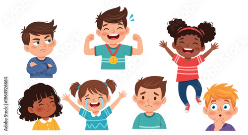 Diverse Children Expressing Various Emotions - Happiness, Sadness, Anger, Surprise