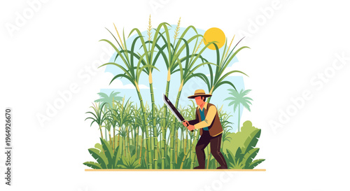 Farmer harvesting sugarcane in a tropical field under the sun