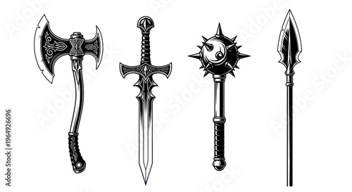 Fantasy Medieval Weapons: Axe, Sword, Mace, Spear - Vintage Illustration