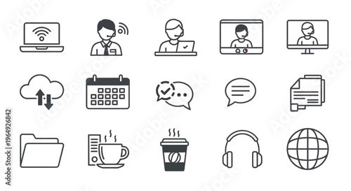 Black and white line icons technology.