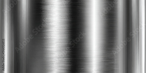 A polished silver brushed metal texture background features a shiny stainless steel surface with a grey industrial pattern on a metallic aluminum plate sheet backdrop