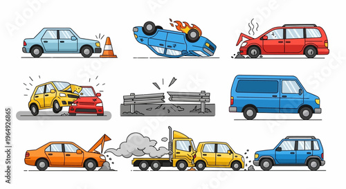 Cartoon car accident vector set with damaged vehicles, collisions, and road safety elements