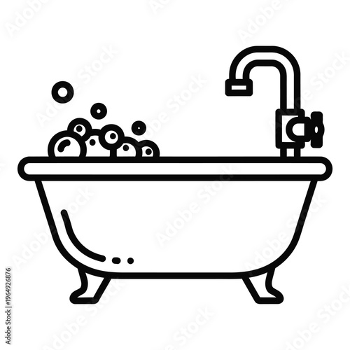 Black line art illustration of bathtub with bubbles coming out of faucet icon