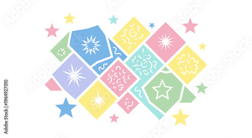 Colorful star shapes on squares.