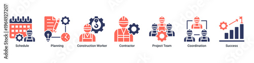 Execution Phase web banner icon vector illustration with icons of Schedule,Planning,Construction Worker,Contractor,Project Team,Coordination and Success