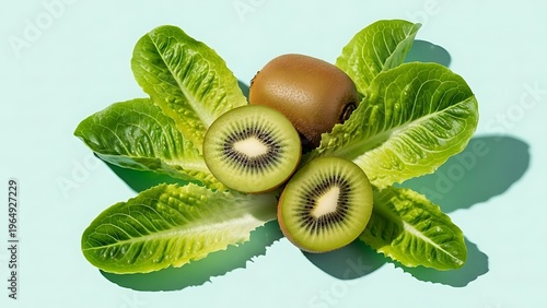 Vibrant arrangement showcasing kiwi fruit with romaine lettuce leaves