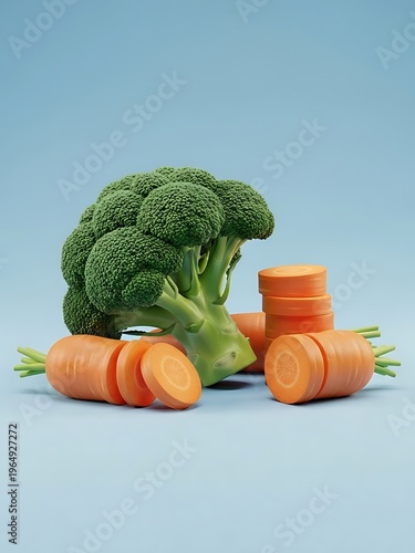 Vibrant Broccoli and Carrot Still Life on a Pastel Blue Backdrop