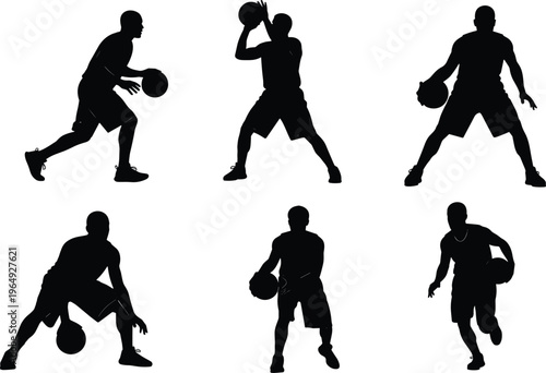 Set of basketball player silhouettes in various action poses like dribbling and shooting isolated on white background for sports graphic design