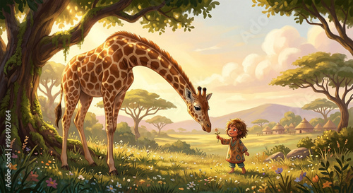 A heartwarming, photorealistic wildlife photograph capturing a mother giraffe bending her exceptionally long neck down to nuzzle her newborn calf in the tall grasses of the Maasai Mara. 