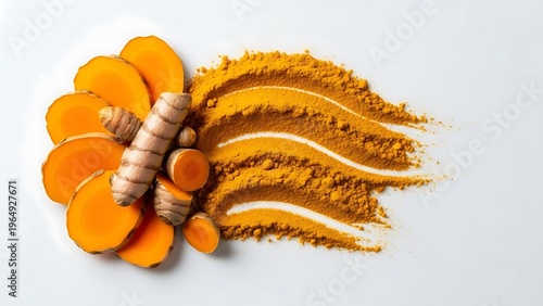 Vibrant Turmeric Composition with Slices and Powder on White Surface