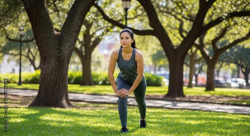 Focused Asian Woman Performing Lunge Exercise in Sunny Green Park for Active Lifestyle