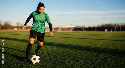 Determined Female Soccer Player Dribbles Ball on Lush Green Pitch Under Golden Hour Sky, Practicing Alone