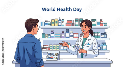 Illustration of a pharmacist and customer discussing medication in a pharmacy on World Health Day with a global health awareness theme.