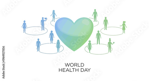 Vector illustration of a green and blue heart surrounded by diverse people in circles for World Health Day, promoting global health awareness with a healthy lifestyle concept.