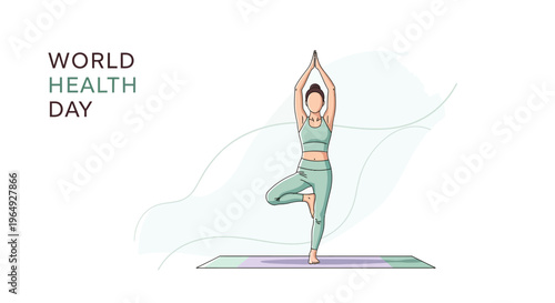 Vector illustration of a woman in a yoga pose for World Health Day, promoting global health awareness and a healthy lifestyle on a colorful mat with a minimalist background.