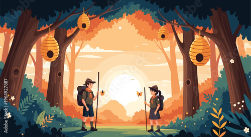 Two young scouts with hiking gear standing in an orange autumn forest at sunset with several bee hives hanging from the trees.