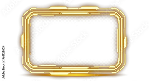 Neon glowing golden yellow square blank frame overlay with futuristic bright line luminous border and empty transparent space for modern ui display and sci fi png designon black background