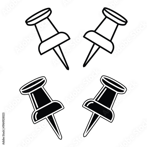 Four push pins in black and white on white background for office supplies icon
