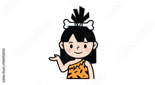 Cute cartoon cavewoman wearing a leopard print dress and a bone in her hair, gesturing with one hand on a white background.