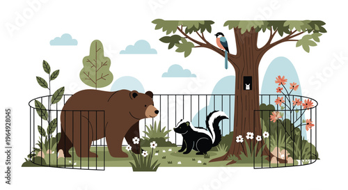 Brown bear and a black skunk standing in an outdoor fenced enclosure with trees, flowers, and a bird in the background.