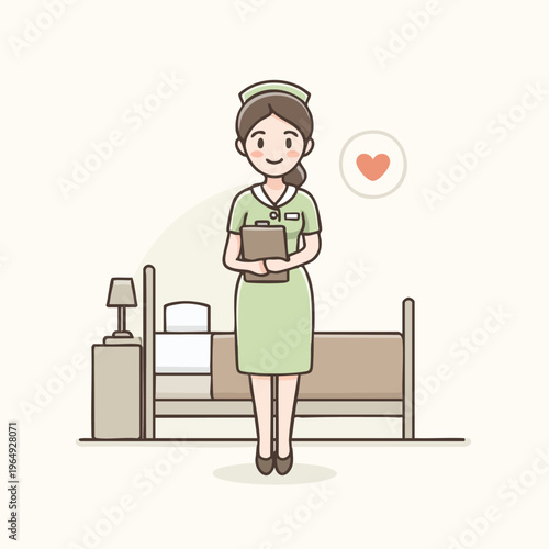Nurse in uniform standing with clipboard in hospital room.