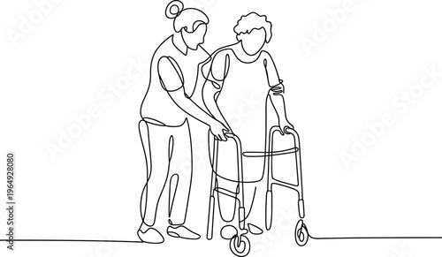 A touching illustration depicts a caregiver assisting an elderly woman who is using a walker. 