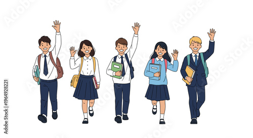 Five diverse school students in uniforms with backpacks and books walking and waving joyfully on a white background.