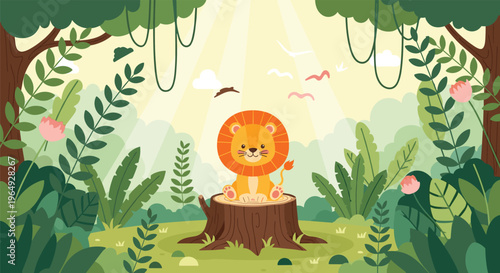 Cute little lion cub sitting on a tree stump in a peaceful forest setting with flowers, birds, and soft sunlight rays.