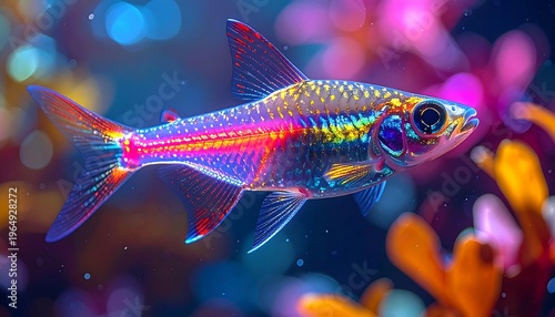 Vivid, digitally rendered fish with glowing scales swims in a vibrant, underwater scene