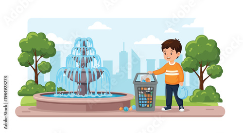 Young boy in a sweater throwing a bag of trash into a public litter bin next to a beautiful fountain in a city park.
