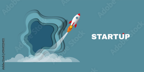 Rocket Launching Through Clouds Paper Cut Style Illustration for Startup Business Growth Concept
