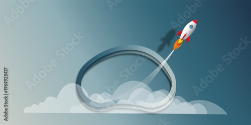 Rocket Launching Through Clouds Paper Cut Style Illustration for Startup Business Growth Concept