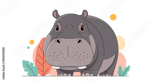 Cute cartoon hippopotamus standing calmly with simple abstract plant shapes and circles in soft colors on a white background.
