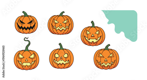 Set of six different carved Halloween jack o lanterns with various spooky expressions and stems on a white background with green.