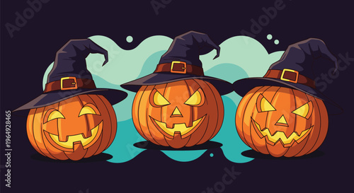 Three spooky carved Halloween pumpkins wearing dark blue witch hats glowing with internal light against a dark blue background.