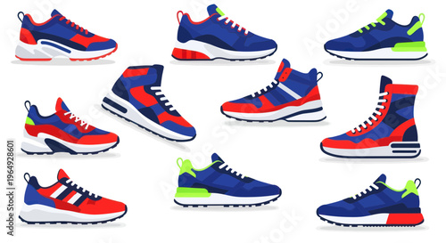 Collection of Stylish Sneakers: Red, Blue, and White Athletic Footwear