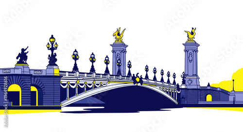 Parisian Bridge Illustration: Iconic Architecture, Lampposts, and Sculptures in Blue, Yellow, White