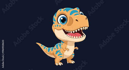 Friendly cartoon Tyrannosaurus Rex dinosaur with blue stripes and big eyes smiling on a dark blue background.