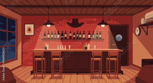 Interior view of an empty rustic saloon or bar with wooden furniture, brick walls, a counter with stools, and bottles on shelves.