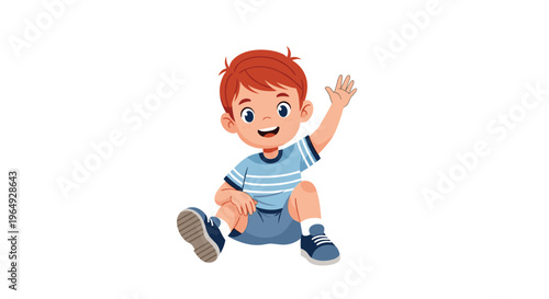 Cute little boy with red hair sitting on the floor wearing a blue striped shirt and shorts waving his hand happily.