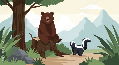 Large brown bear sitting on a tree stump looking at a small skunk in a scenic mountain landscape with pine trees and bushes.