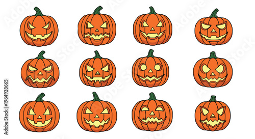 Grid of twelve different carved Halloween pumpkins with various scary and spooky facial expressions on a white background.