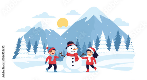 Two happy children in winter clothes building a large snowman in a snowy mountain landscape with pine trees and a bright sun.