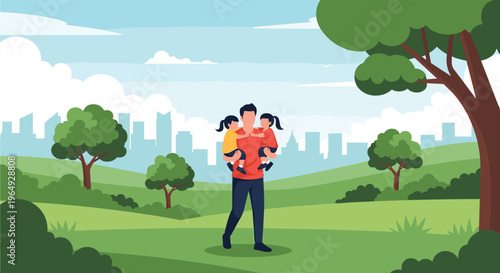 Loving father walking in a park while carrying his two young daughters with a city skyline visible in the distant background.