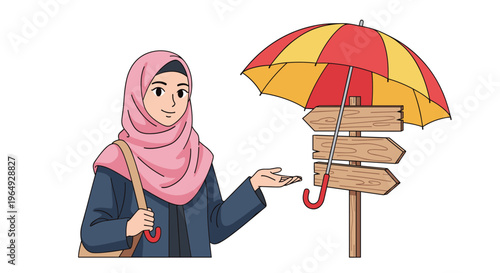 Smiling Muslim woman wearing a pink hijab and holding an umbrella while gesturing towards a blank wooden signpost.